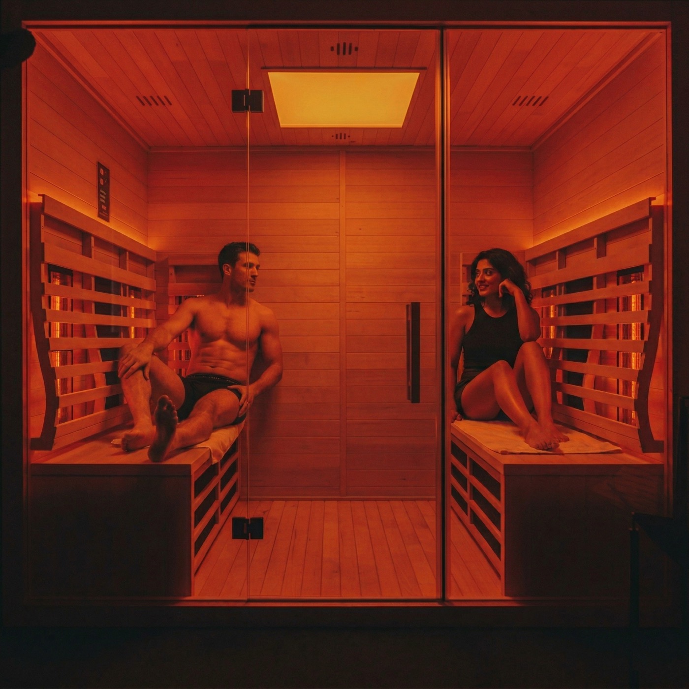 People in a sauna environment lit in orange heat